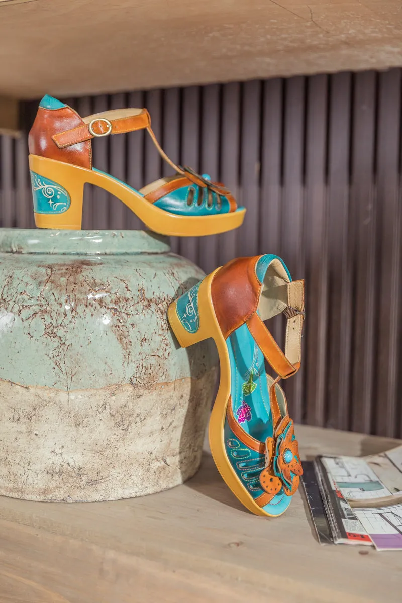 Daisy Applique T Strap Leather Sandal