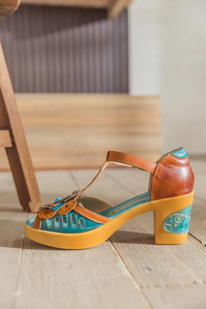 Daisy Applique T Strap Leather Sandal