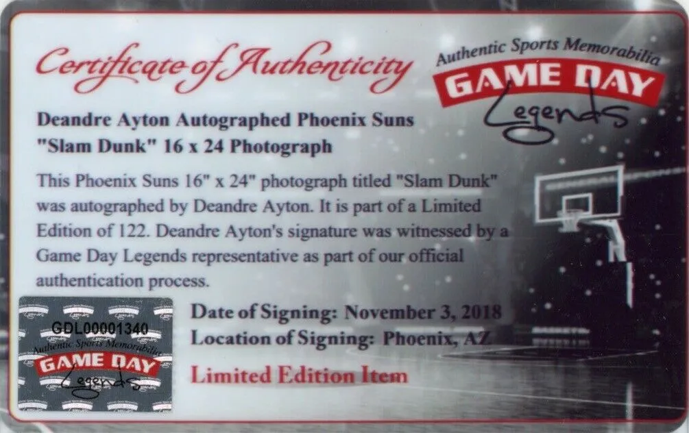 DEANDRE AYTON Autographed Suns "Slam Dunk" 16" x 24" Photograph STEINER LE 122