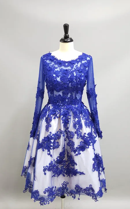 Delicate Ruyal Blue Appliques Prom Dress 2018 Long Sleeve-319213