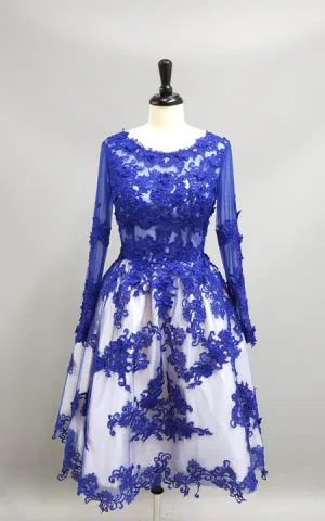 Delicate Ruyal Blue Appliques Prom Dress 2018 Long Sleeve-319213