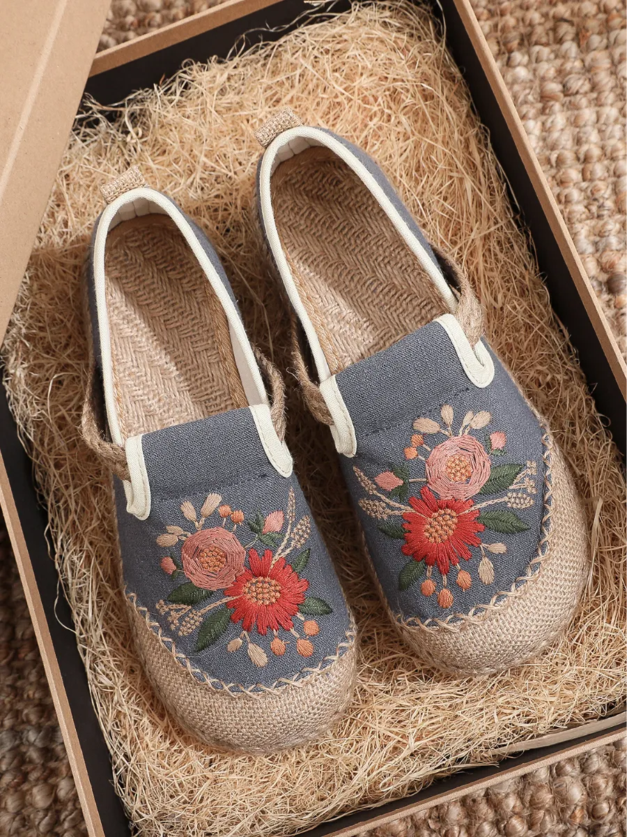 Double Kiss Floral Embroidered Linen Espadrilles - Grey