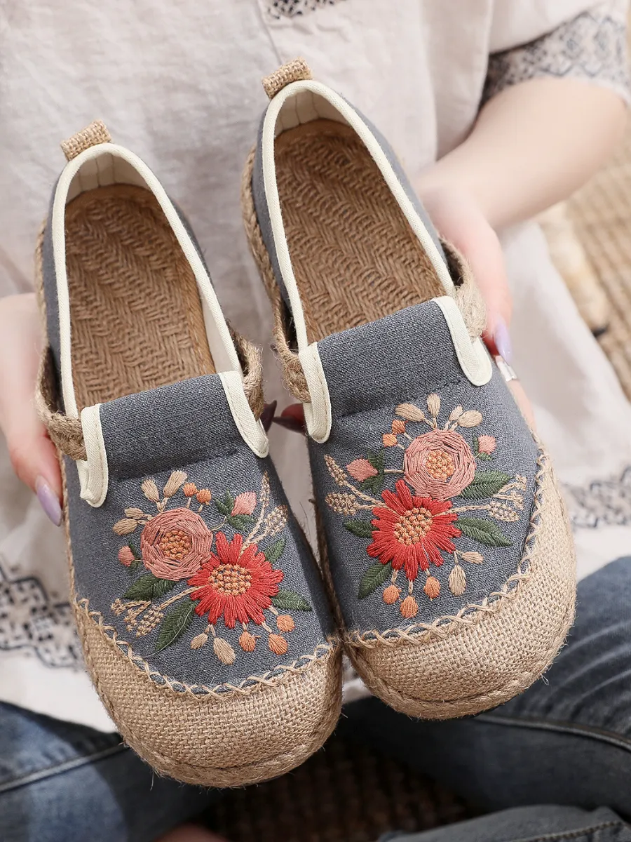 Double Kiss Floral Embroidered Linen Espadrilles - Grey