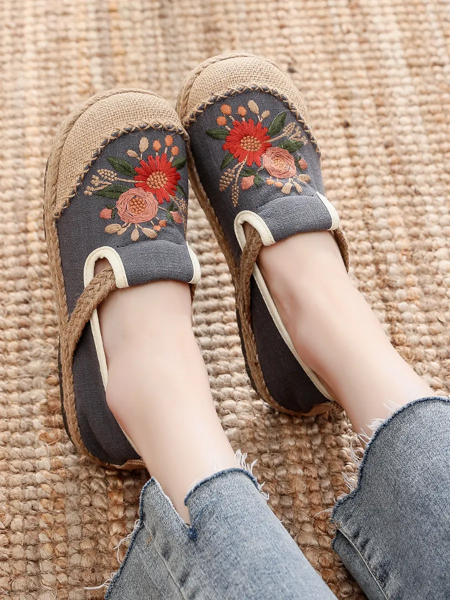Double Kiss Floral Embroidered Linen Espadrilles - Grey