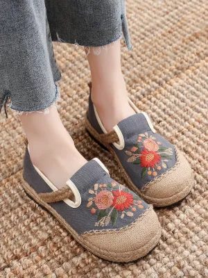 Double Kiss Floral Embroidered Linen Espadrilles - Grey