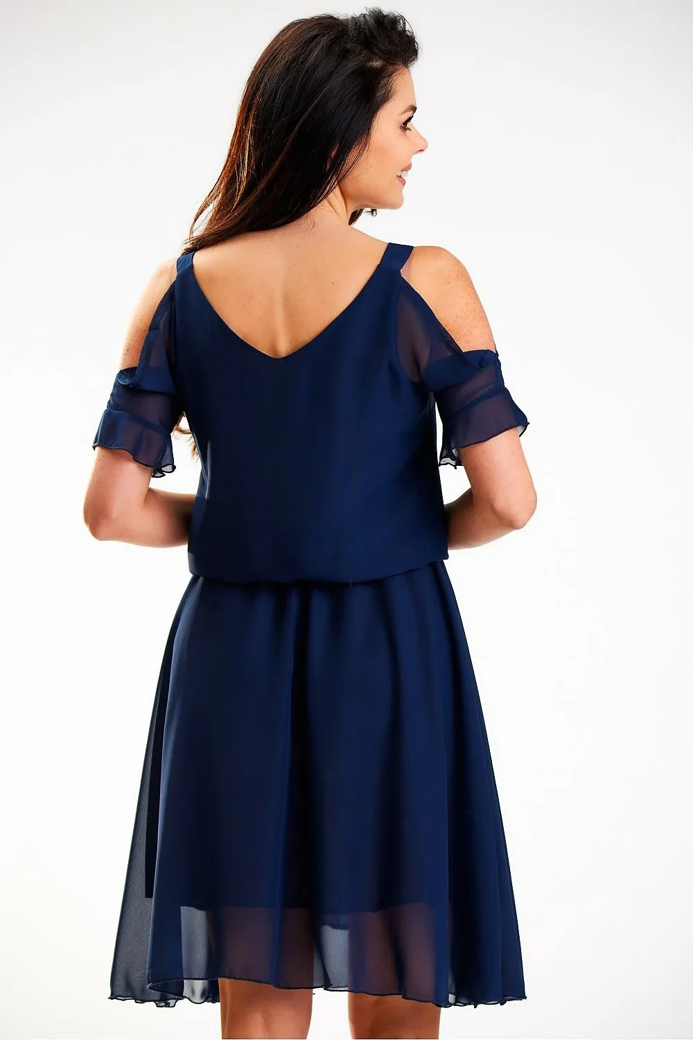 Draped Sleeve Open-Shoulder Chiffon Dress