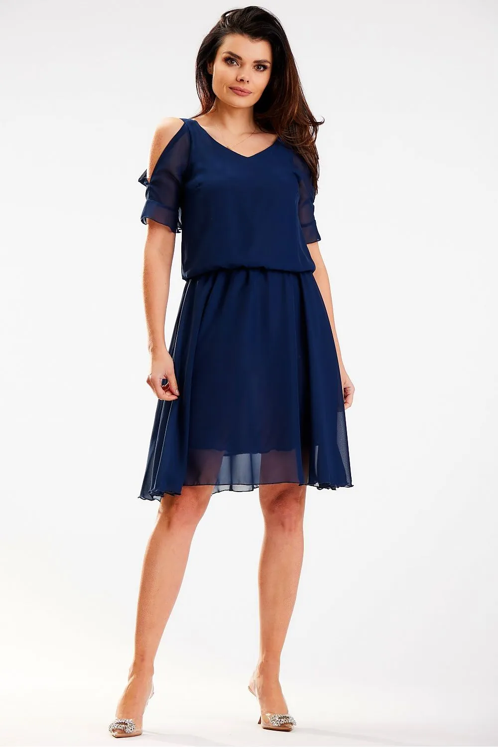 Draped Sleeve Open-Shoulder Chiffon Dress