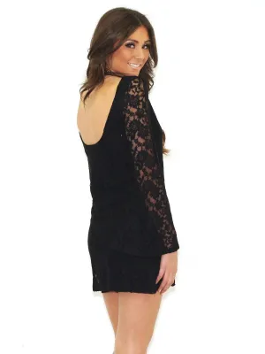 Elan | High Neck Low Back Lace Dress Black