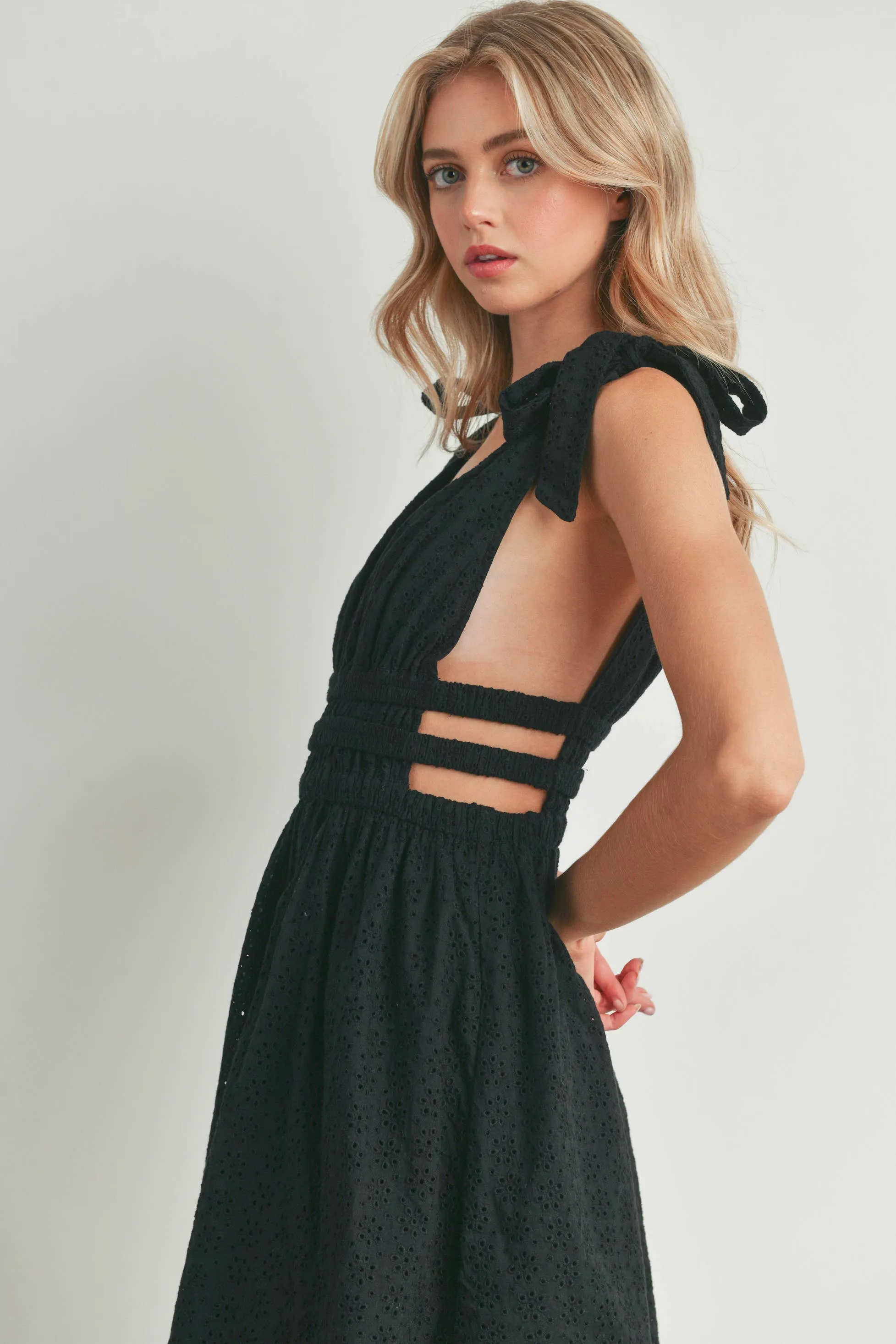 EYELET OPEN SIDE WITH SELF-TIE SHOULDER DRESS