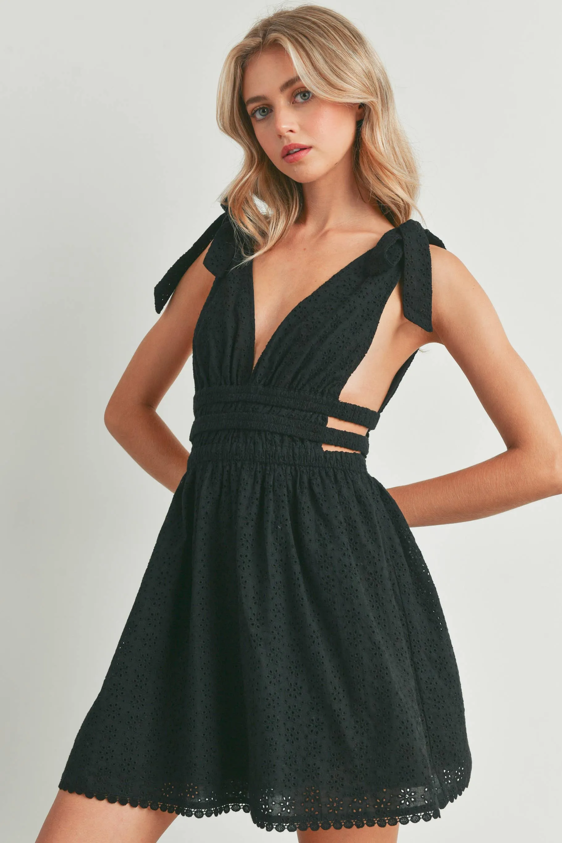 EYELET OPEN SIDE WITH SELF-TIE SHOULDER DRESS