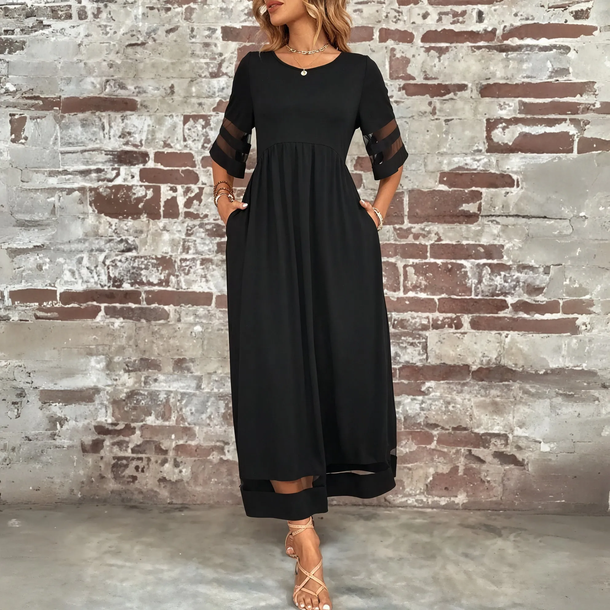 Flowing Maxi Dress with Sheer Details
