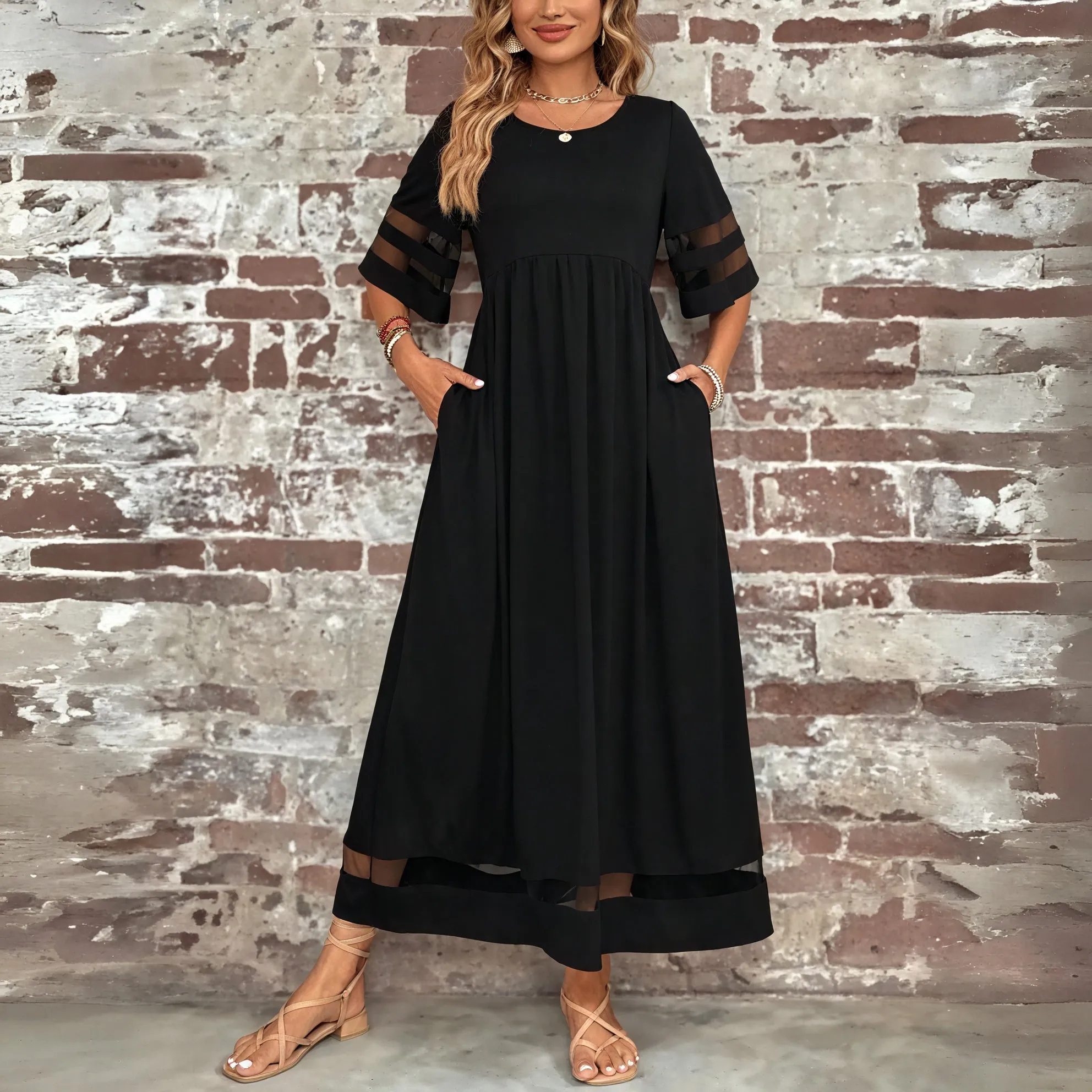 Flowing Maxi Dress with Sheer Details