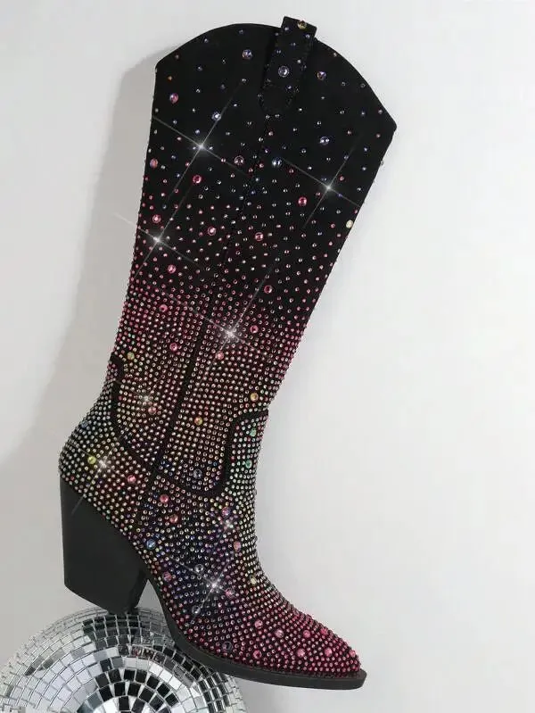 Gradient Crystal-Embellished Knee-High Boots with Block Heel