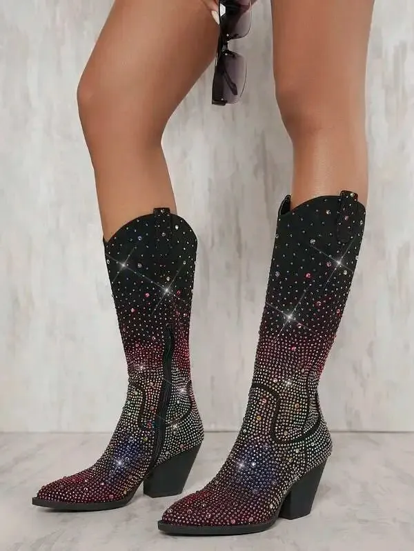 Gradient Crystal-Embellished Knee-High Boots with Block Heel