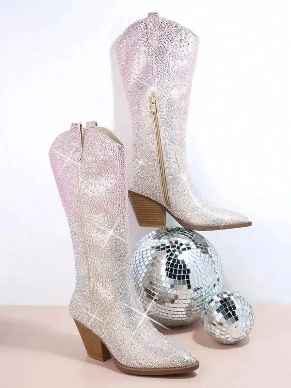 Gradient Crystal-Embellished Knee-High Boots with Block Heel