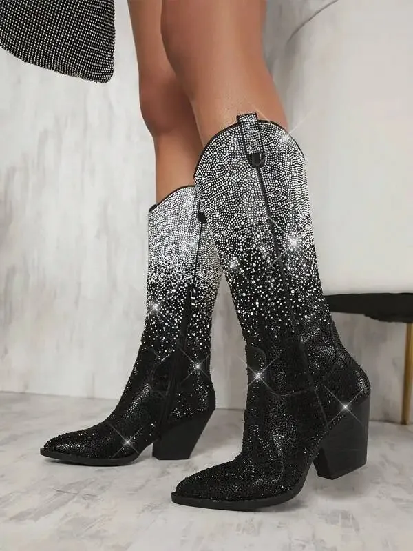 Gradient Crystal-Embellished Knee-High Boots with Block Heel