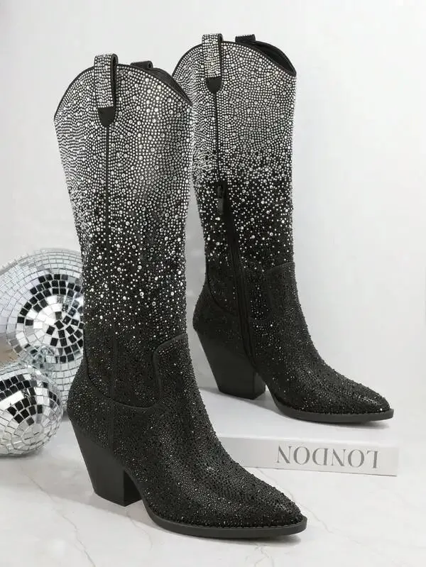 Gradient Crystal-Embellished Knee-High Boots with Block Heel