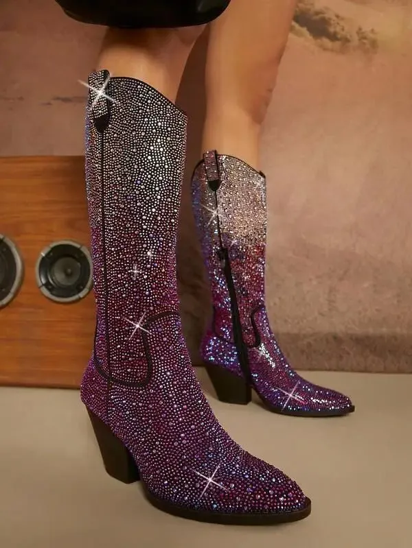 Gradient Crystal-Embellished Knee-High Boots with Block Heel