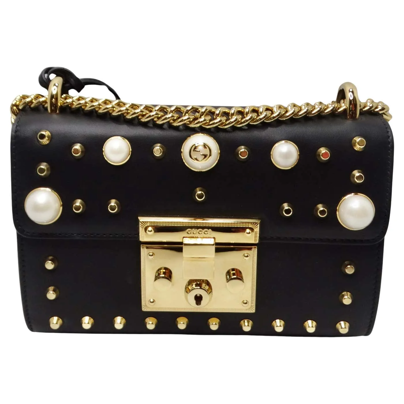 Gucci Black Calfskin Studded Small Padlock Shoulder Bag