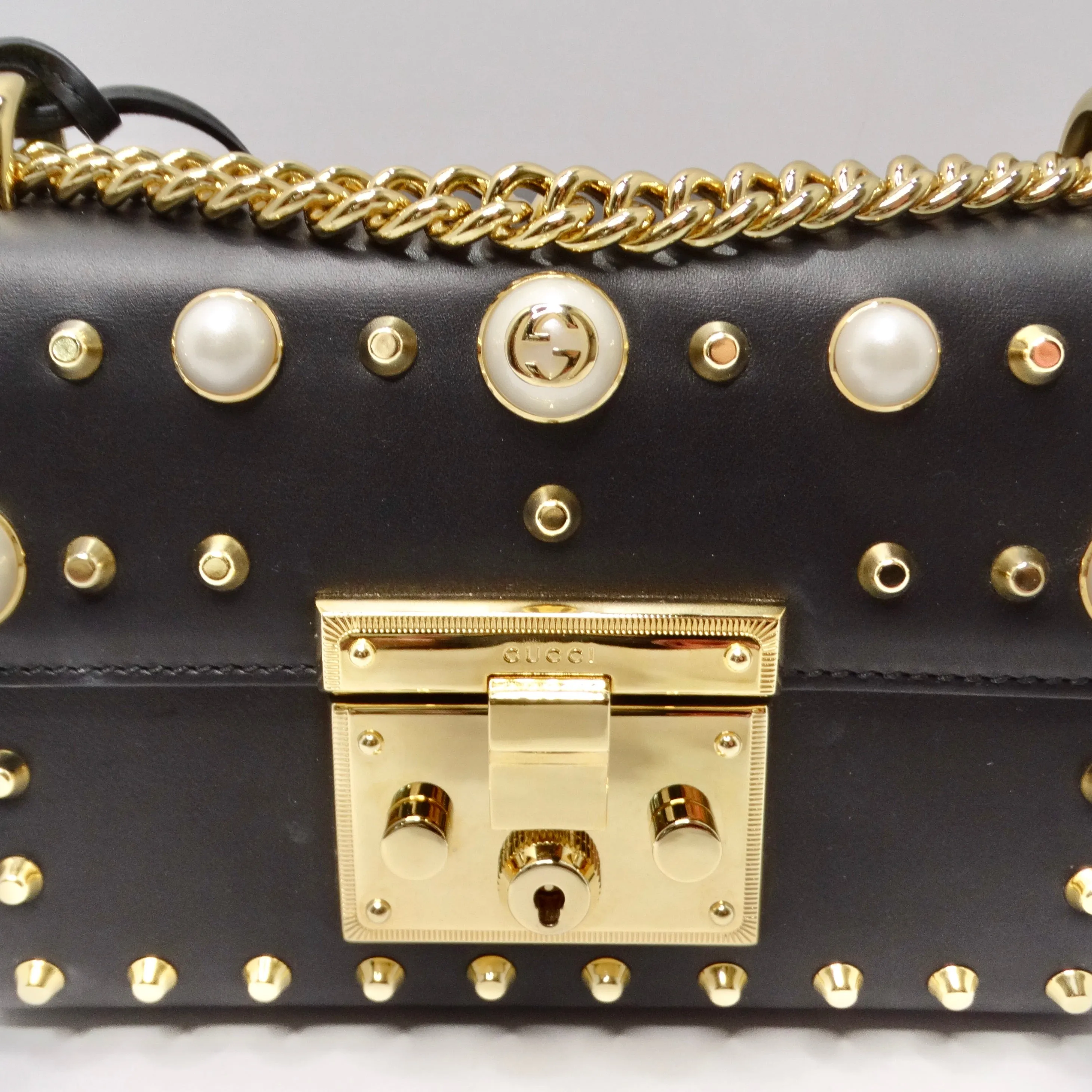 Gucci Black Calfskin Studded Small Padlock Shoulder Bag