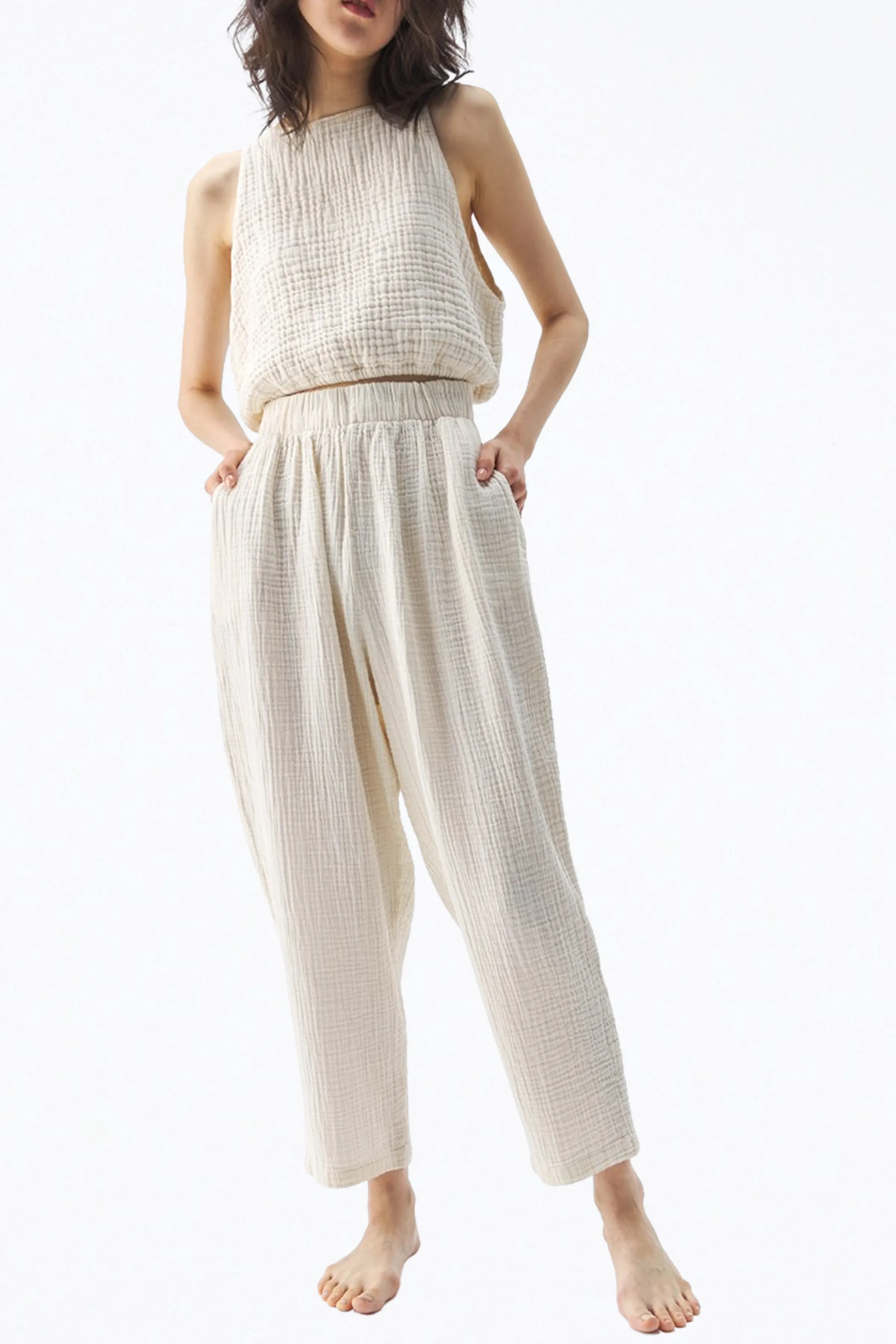 HIGH-RISE COTTON-GAUZE STRAIGHT-LEG PANTS