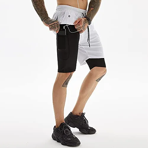 JWJ Men's 2 in 1 Workout Running Shorts 7 Inch Lightweight Athletic Gym Shorts with Compression Liner White XL