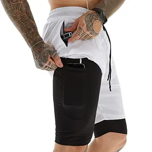 JWJ Men's 2 in 1 Workout Running Shorts 7 Inch Lightweight Athletic Gym Shorts with Compression Liner White XL