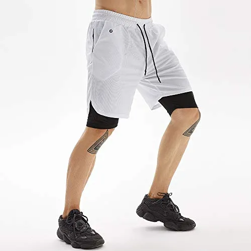 JWJ Men's 2 in 1 Workout Running Shorts 7 Inch Lightweight Athletic Gym Shorts with Compression Liner White XL
