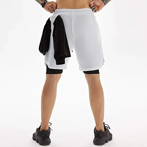 JWJ Men's 2 in 1 Workout Running Shorts 7 Inch Lightweight Athletic Gym Shorts with Compression Liner White XL