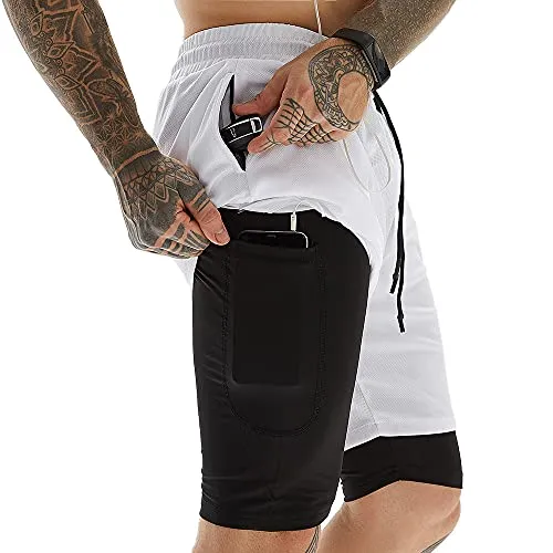 JWJ Men's 2 in 1 Workout Running Shorts 7 Inch Lightweight Athletic Gym Shorts with Compression Liner White XL