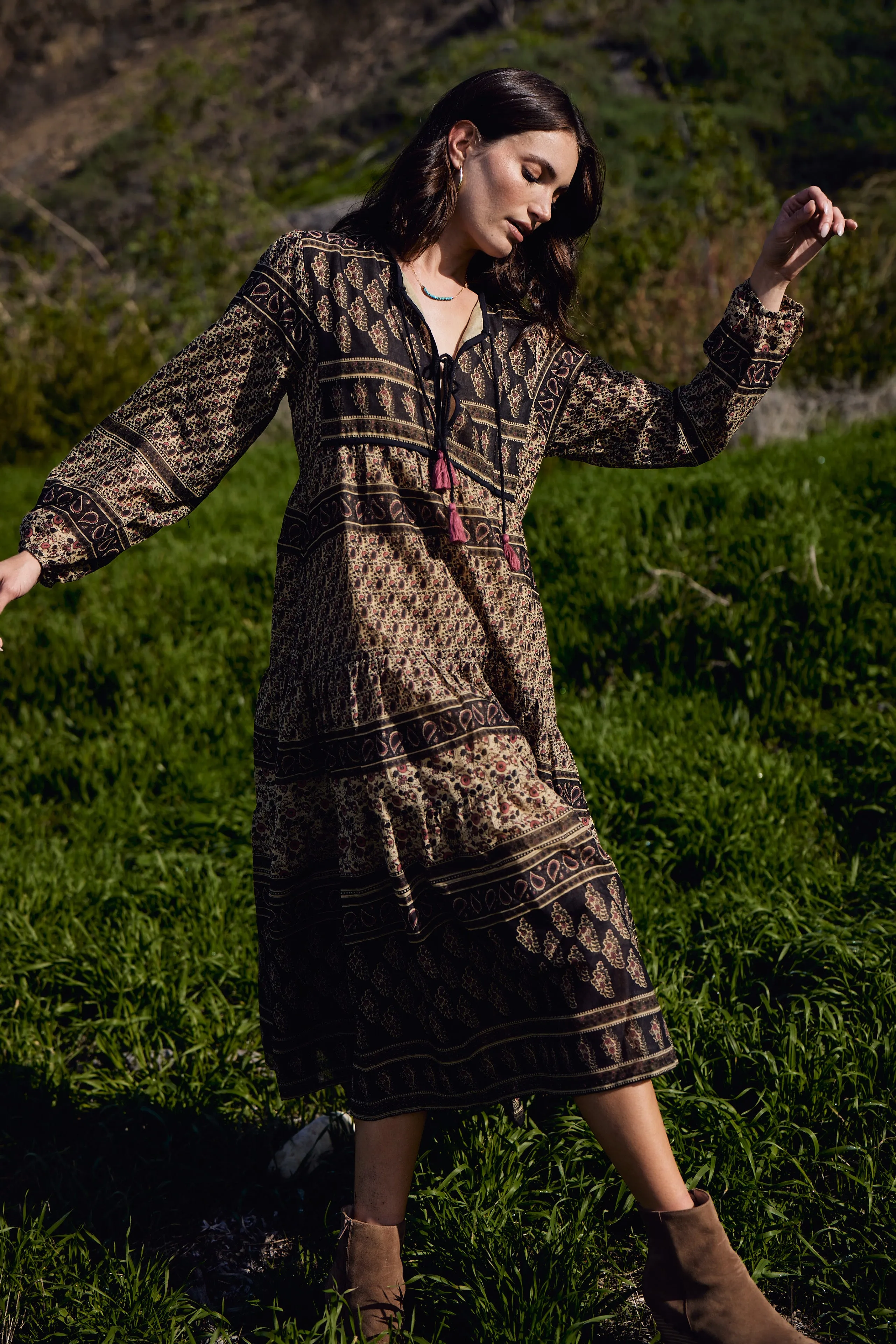Kayla Printed Midi Dress Vintage Brown