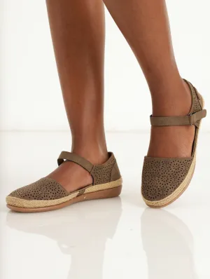 Ladies Velcro Strap Espadrille Shoe - Taupe