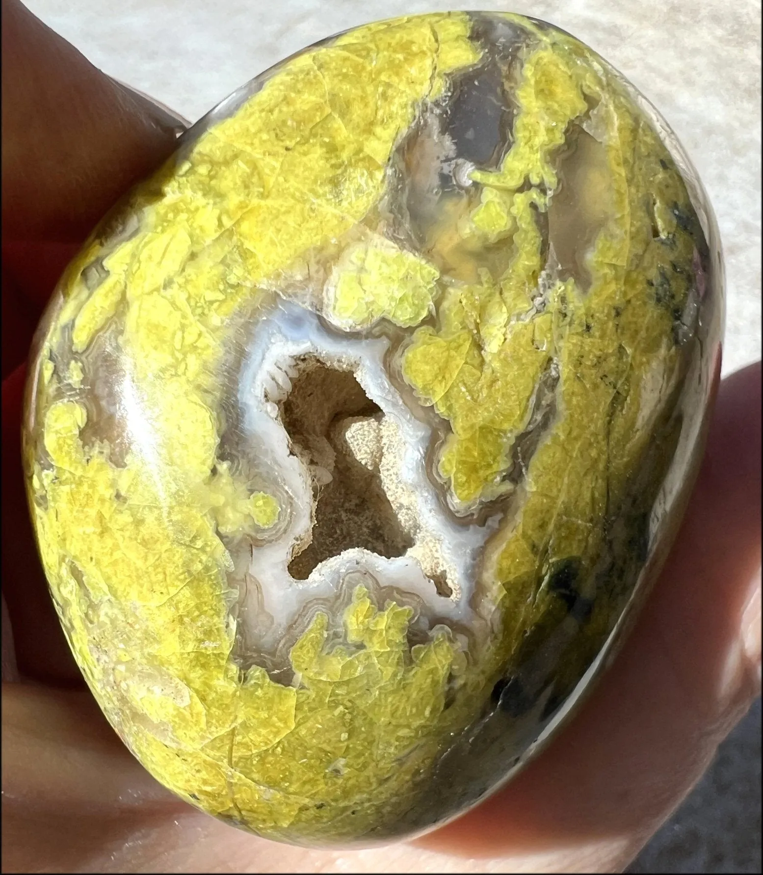 Madagascar Dark GREEN OPAL   CHALCEDONY Palm Stone with Awesome VUGS!