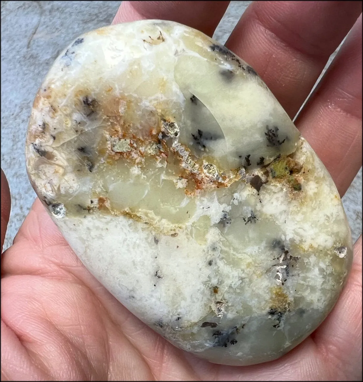 Madagascar Light GREEN OPAL Palm Stone with Lots of Dendritic inclusions