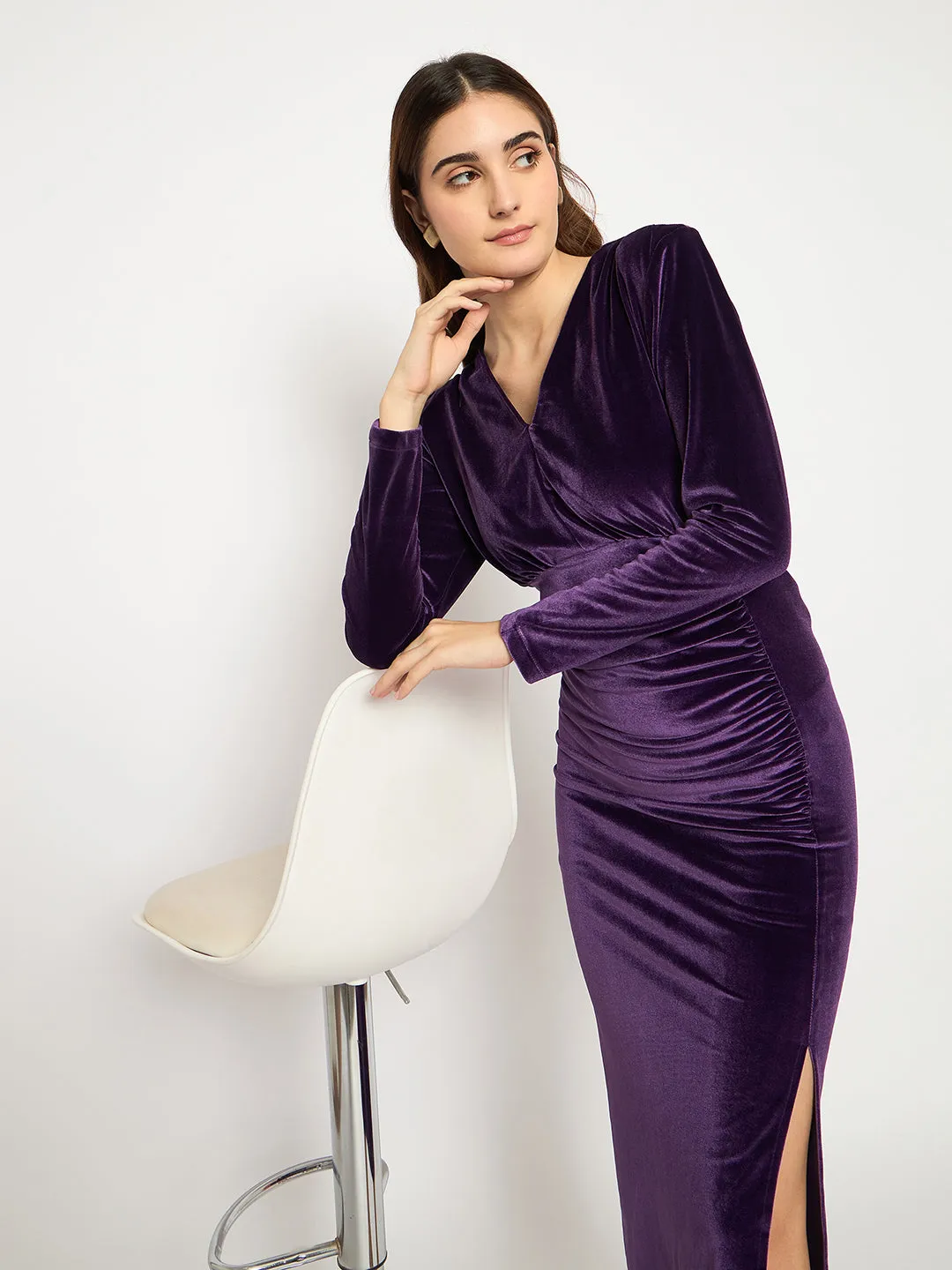 Madame Front Ruched Solid Purple Full Sleeve Velvet Dress
