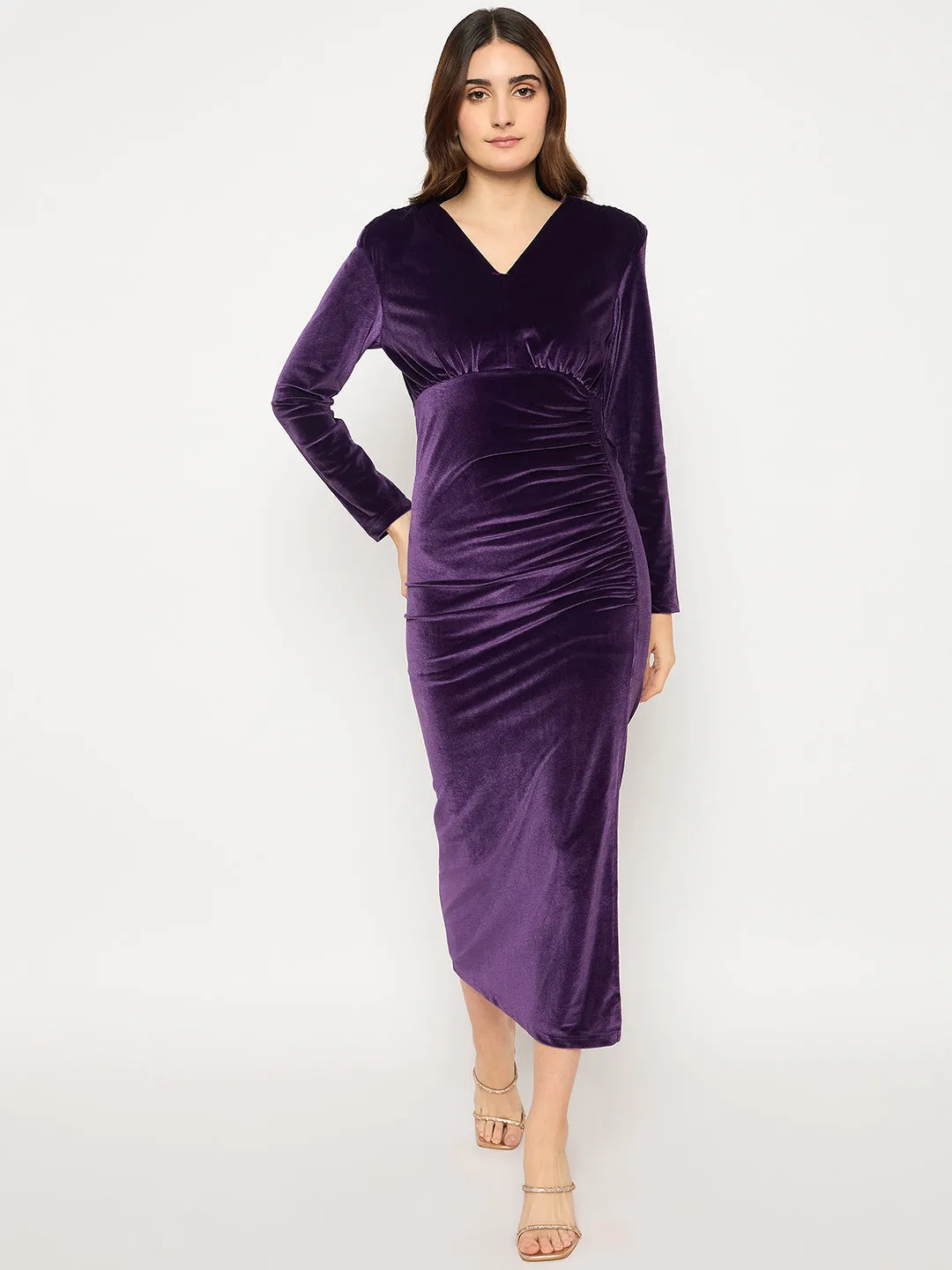 Madame Front Ruched Solid Purple Full Sleeve Velvet Dress