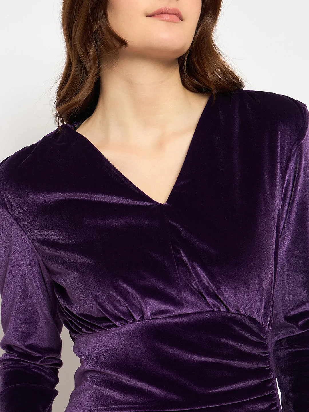 Madame Front Ruched Solid Purple Full Sleeve Velvet Dress