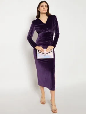 Madame Front Ruched Solid Purple Full Sleeve Velvet Dress