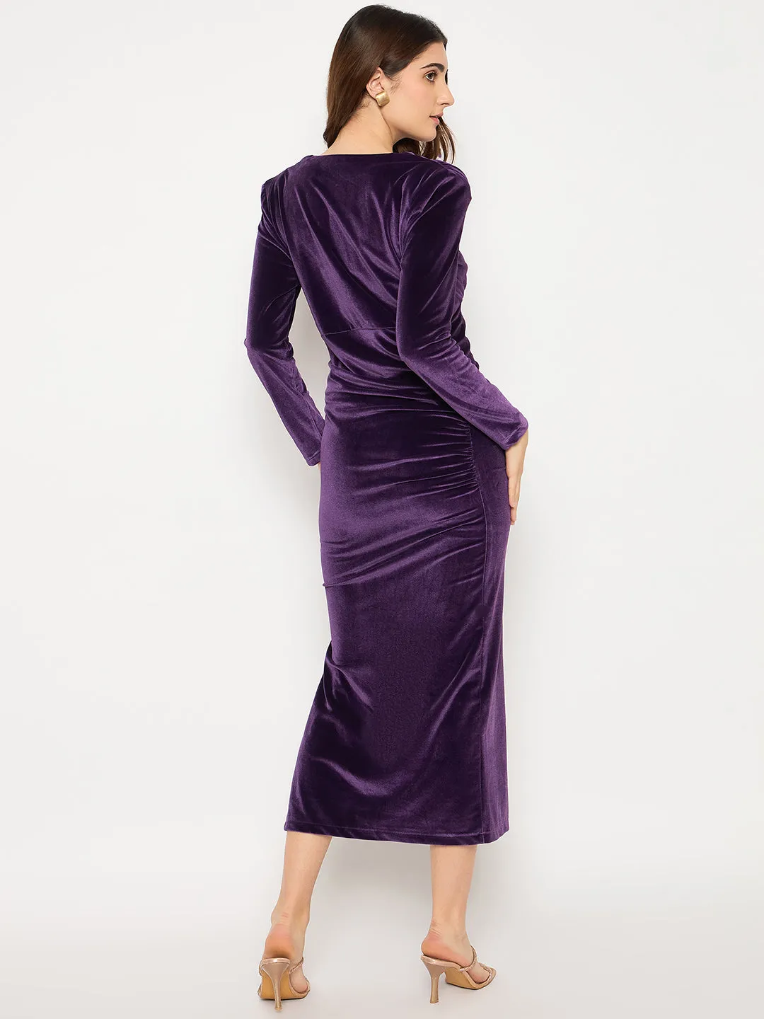 Madame Front Ruched Solid Purple Full Sleeve Velvet Dress