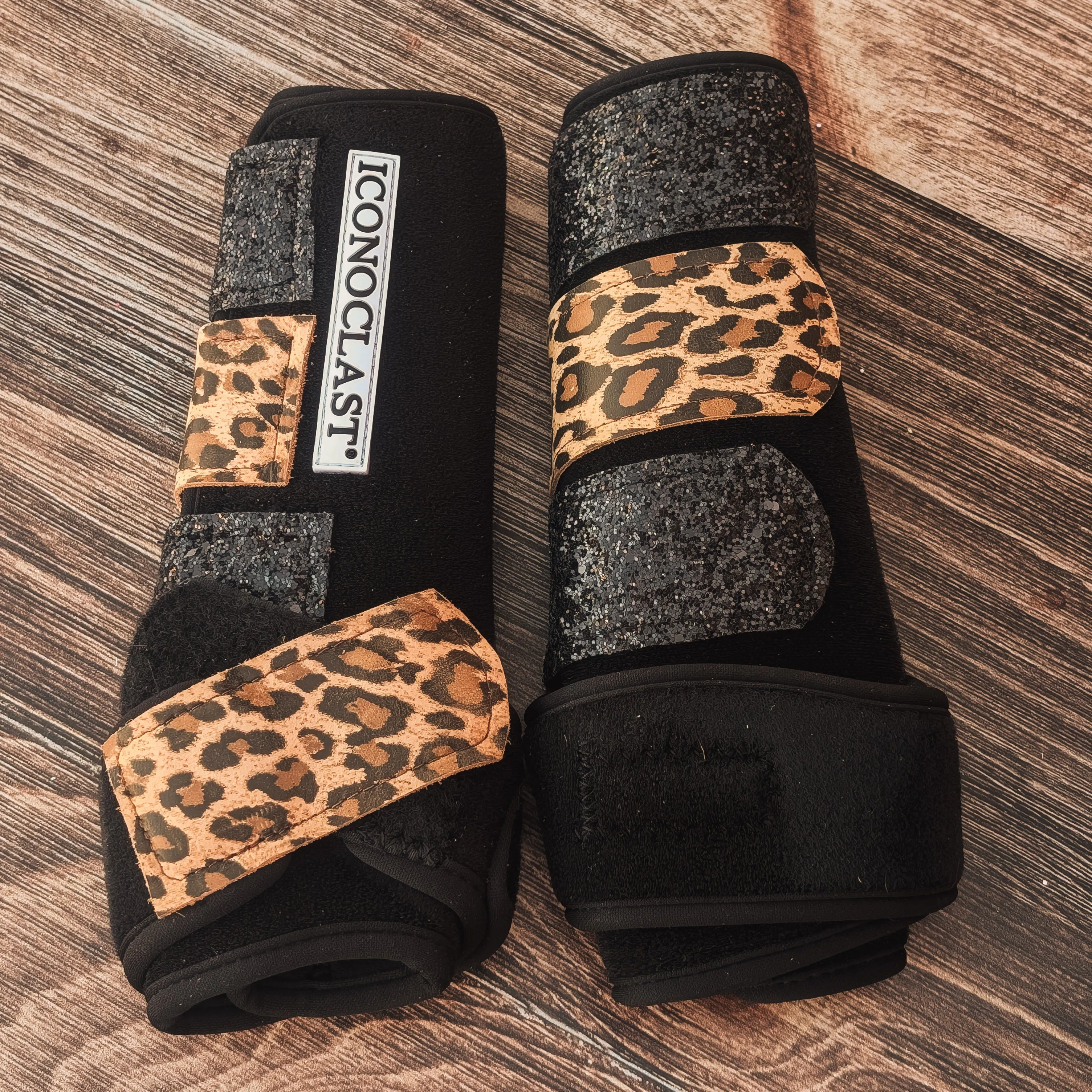 Medium Black Iconoclast Fronts w/ Cheetah Leather and Black Glitter Straps
