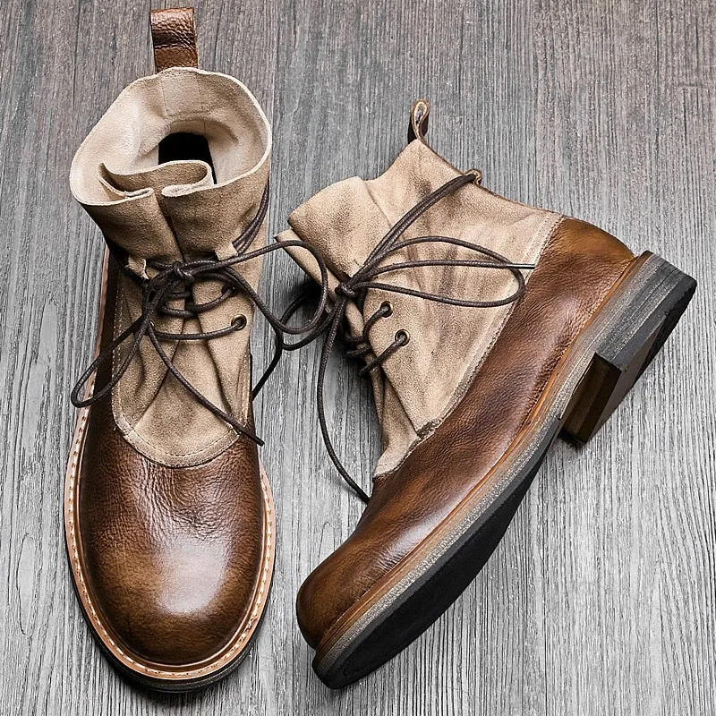 Men Lace Up Warm Fur Cowhide Ankle Boots  Mixed Color
