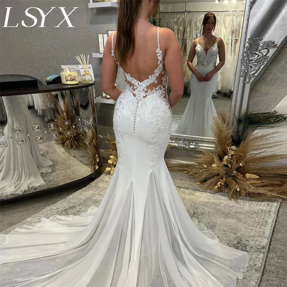 Mermaid Wedding Dress Spaghetti Strap Court Train Cut Out Back