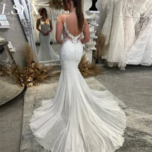 Mermaid Wedding Dress Spaghetti Strap Court Train Cut Out Back