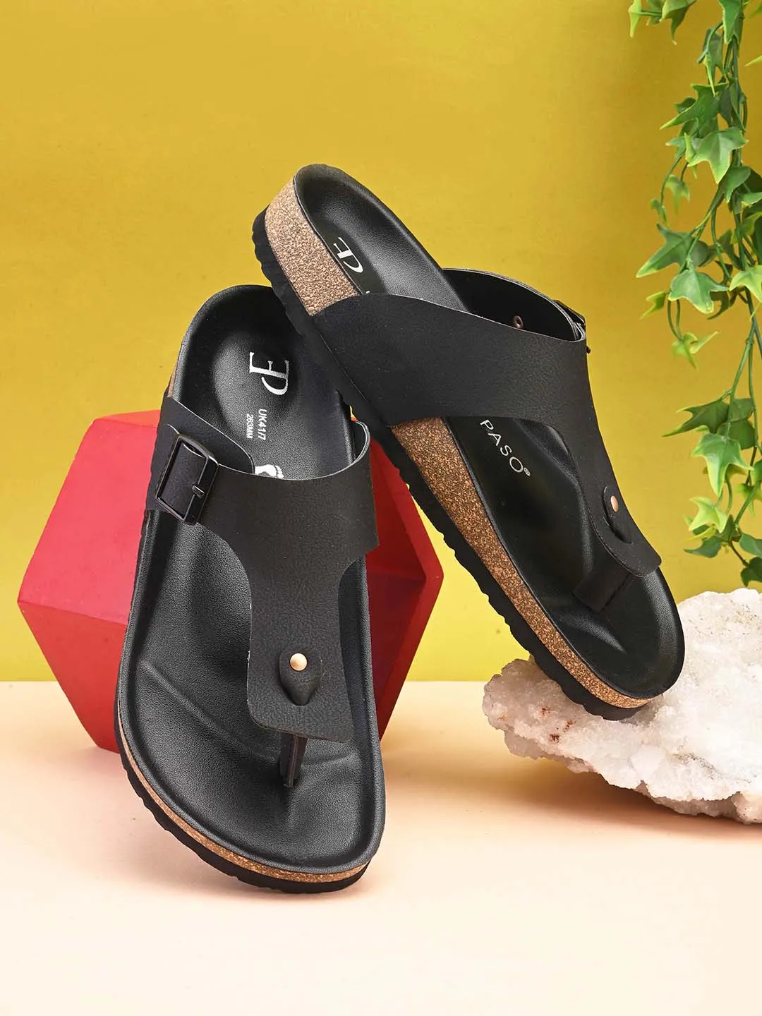 Midnight Black Leather Thong Sandal For Men