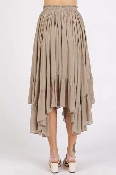 Mocha Color Handkerchief Hem Elastic Waist Pocket Midi Skirt