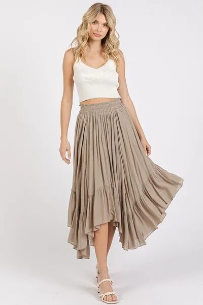 Mocha Color Handkerchief Hem Elastic Waist Pocket Midi Skirt