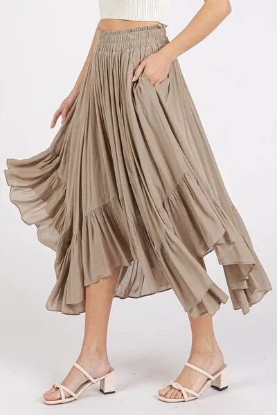 Mocha Color Handkerchief Hem Elastic Waist Pocket Midi Skirt