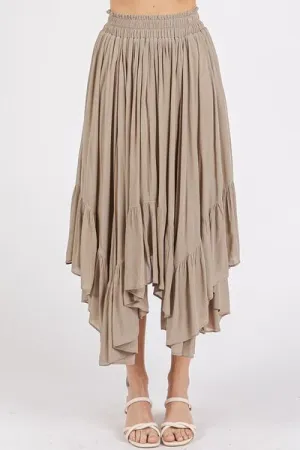 Mocha Color Handkerchief Hem Elastic Waist Pocket Midi Skirt