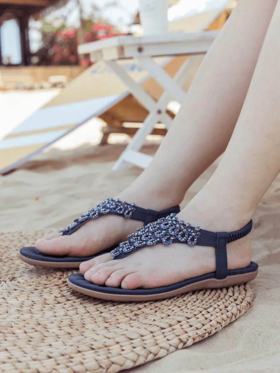 Navy Crystal V-Strap Sandals