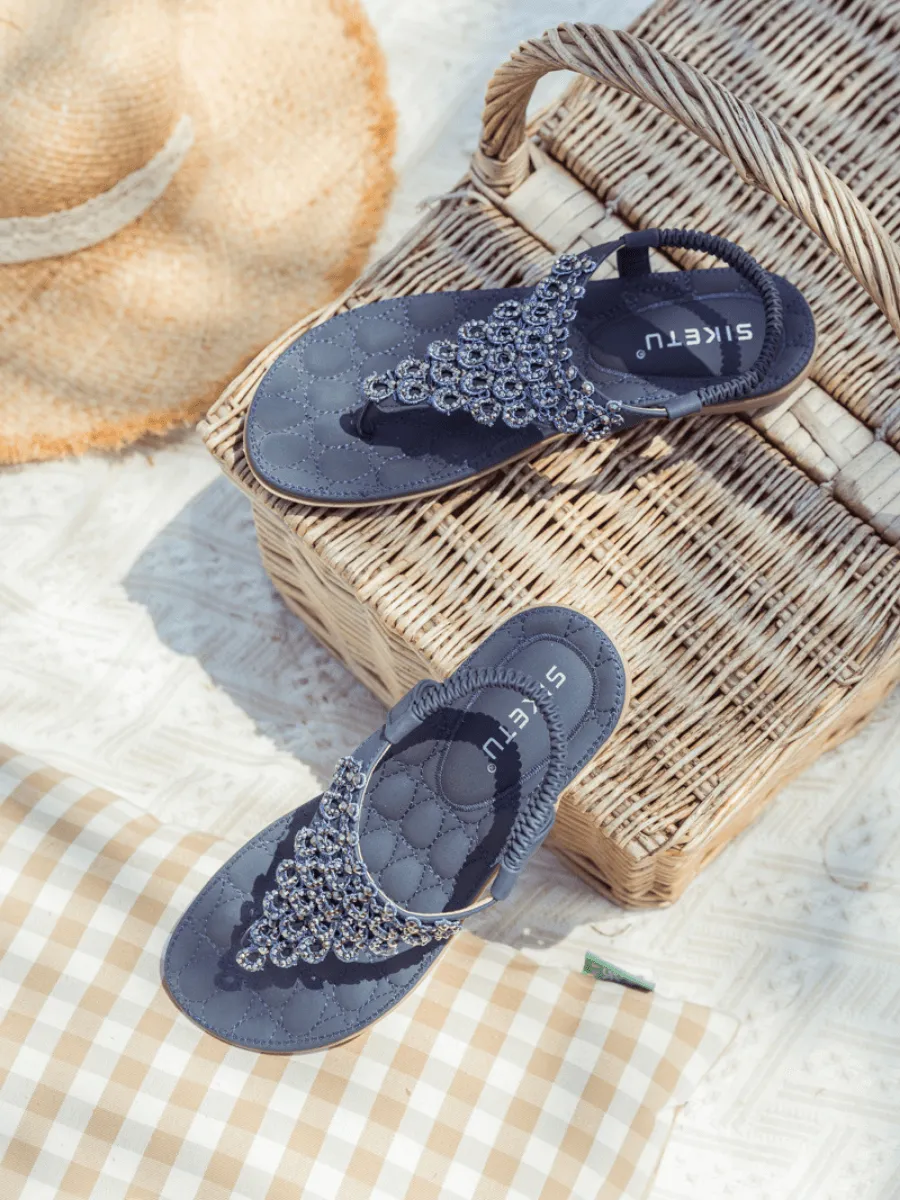 Navy Crystal V-Strap Sandals